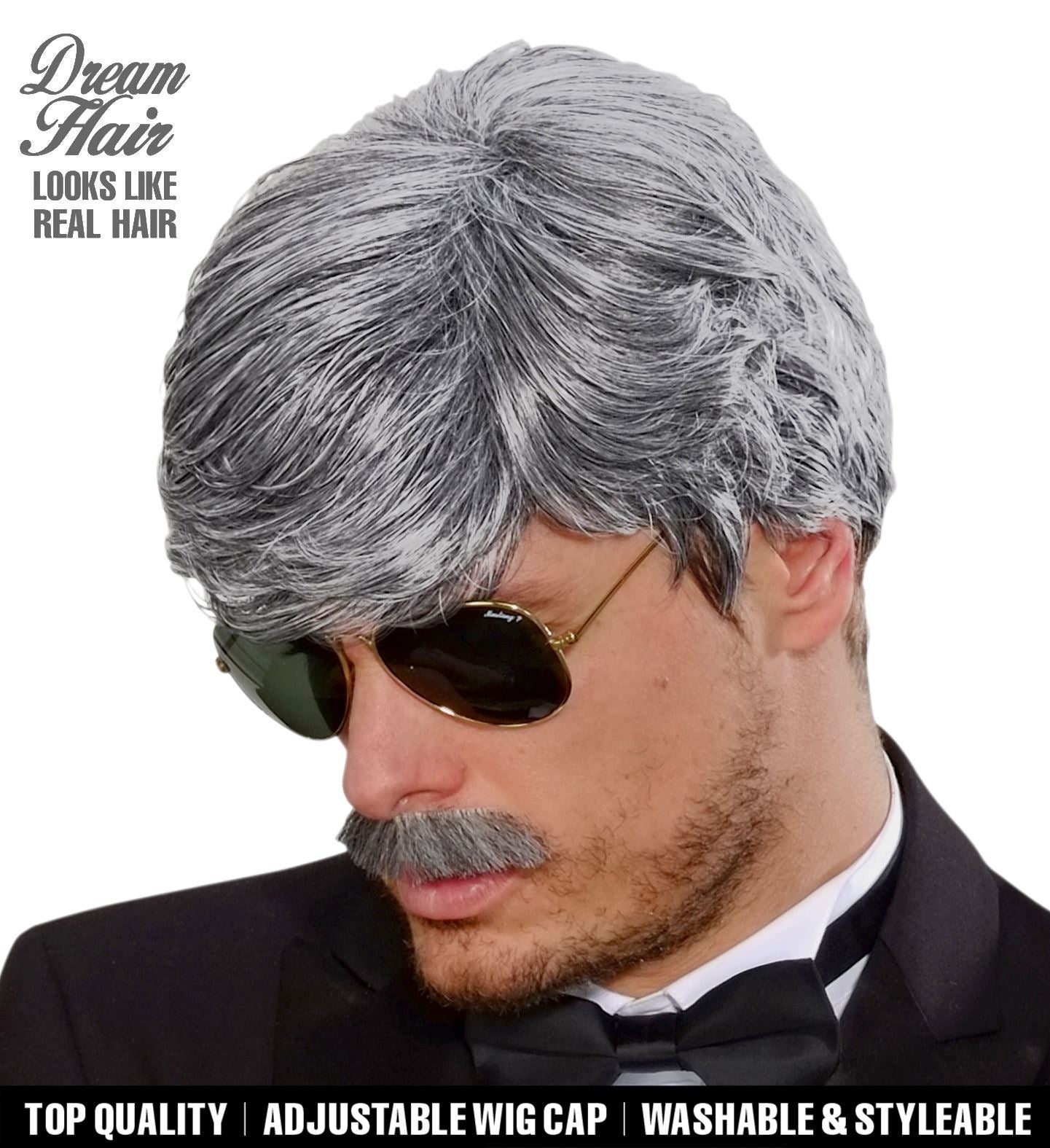 Perruque et moustache grises pour playboy : Soyez la Star de la Soirée