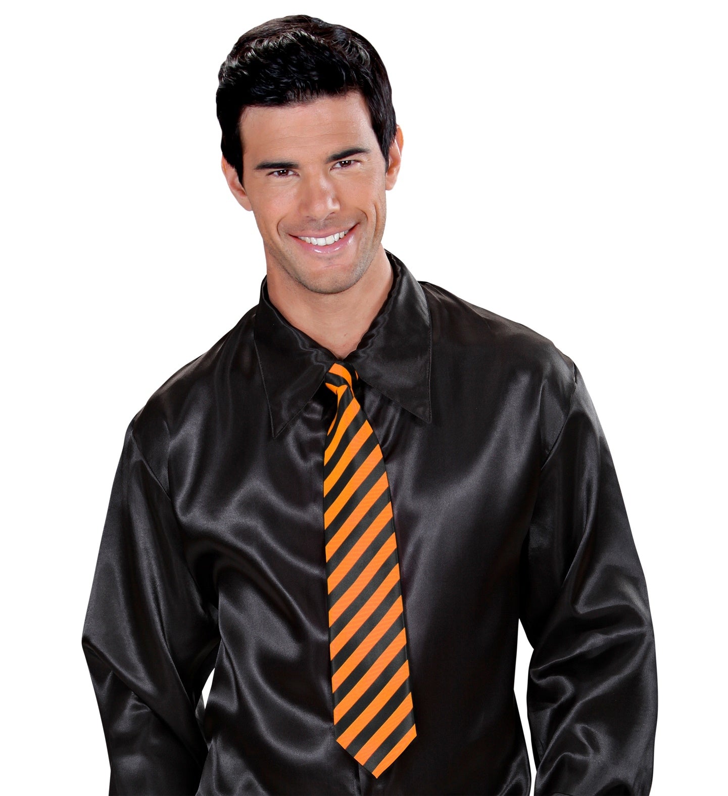 Cravate Rayée Orange Fluo et Noire, Satin - Déguiz-Fêtes