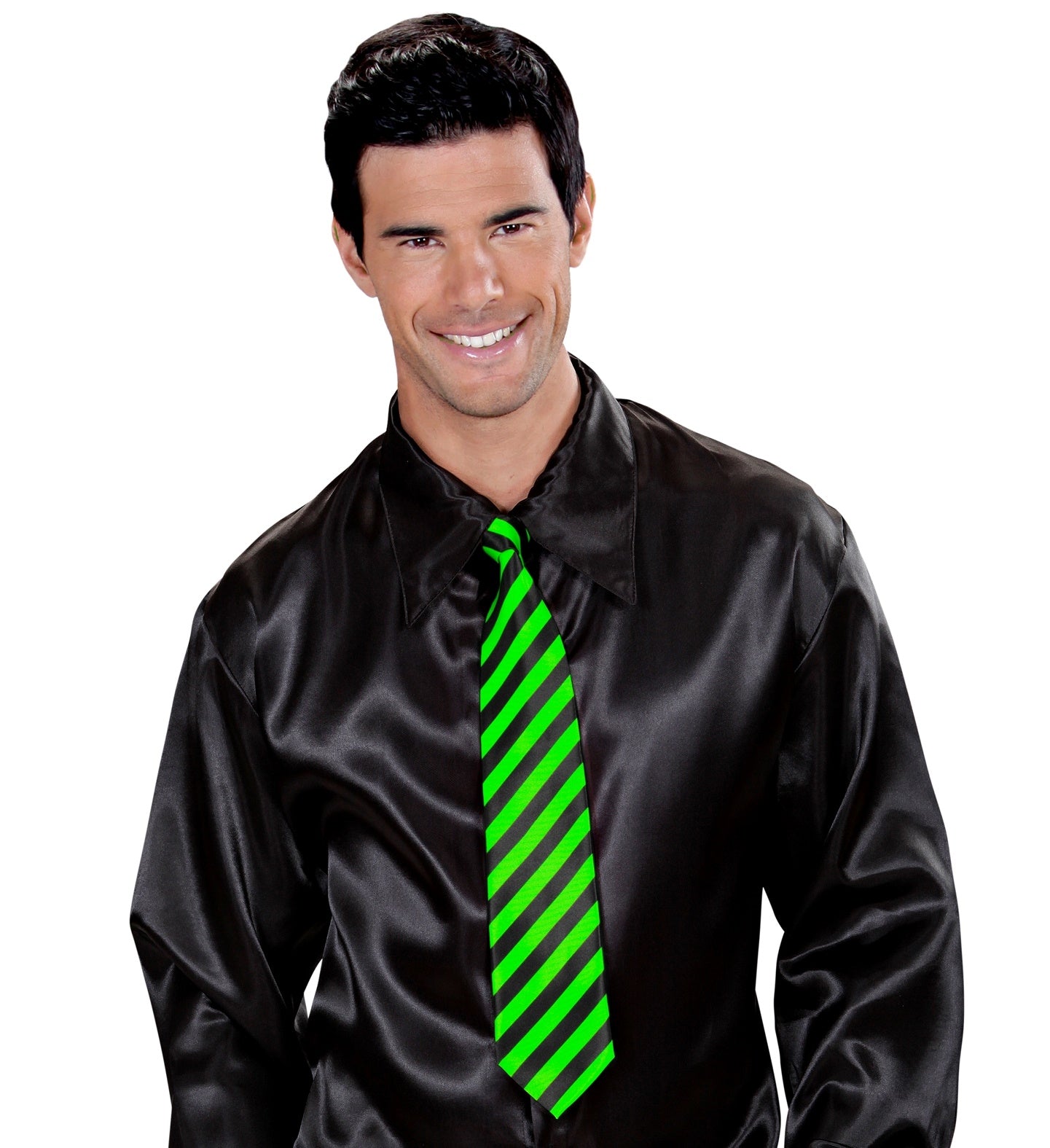 Cravate Rayée Vert Fluo et Noire, Satin - Déguiz-Fêtes