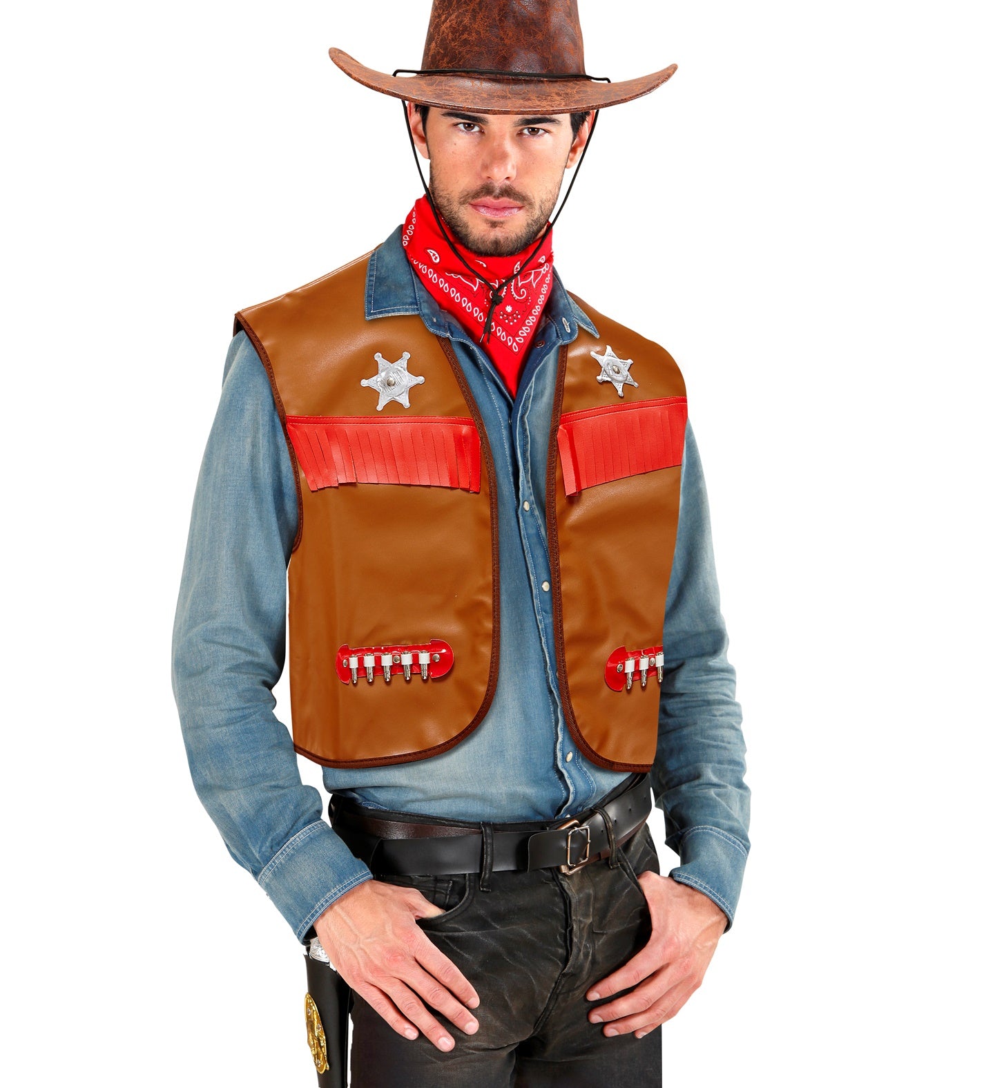 Gilet cowboy marron en simili cuir avec étoiles et cartouches pour homme