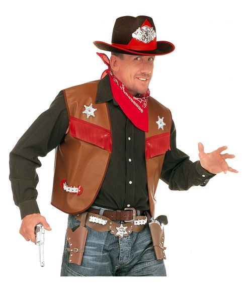 Gilet cowboy marron en simili cuir avec étoiles et cartouches pour homme