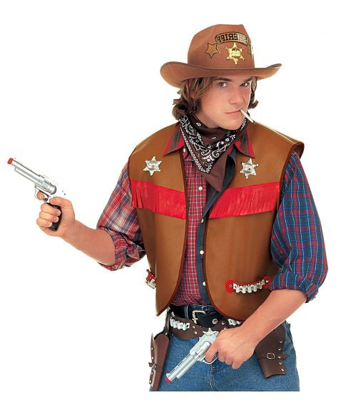 Gilet cowboy marron en simili cuir avec étoiles et cartouches pour homme