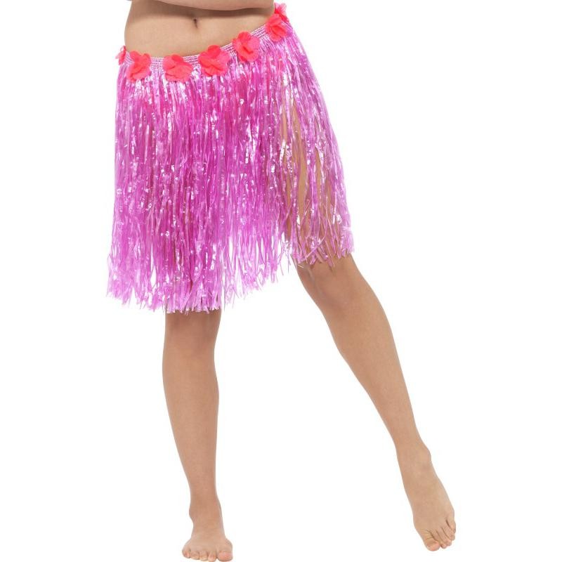 Jupe hawaïenne hula rose fluo avec fleurs