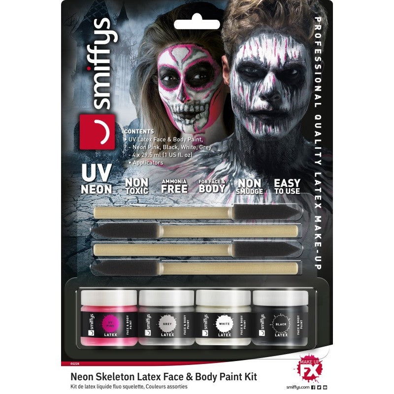 Kit latex liquide fluo squelette (4 pots de maquillage et 4 éponges)