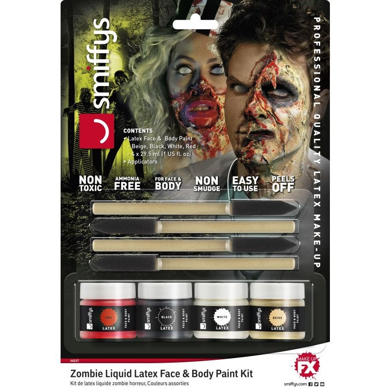 Kit latex liquide zombie (maquillage 4 couleurs et éponges, 4 X 29,57 ml)