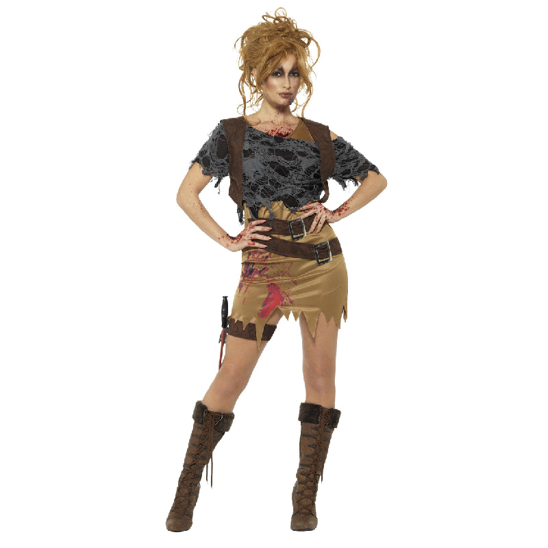 Déguisement zombie sexy (robe, gilet imprimé, haut, poignard et étui)