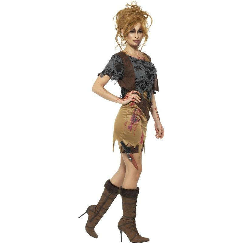 Déguisement zombie sexy (robe, gilet imprimé, haut, poignard et étui)