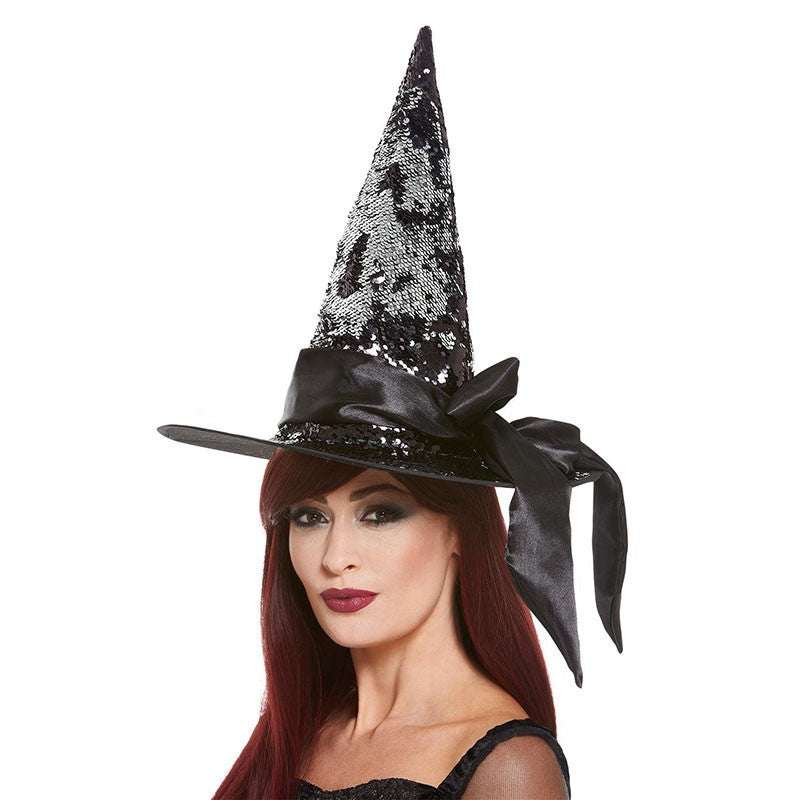 chapeau de sorcière réversible de luxe noir et argent bandeau satin