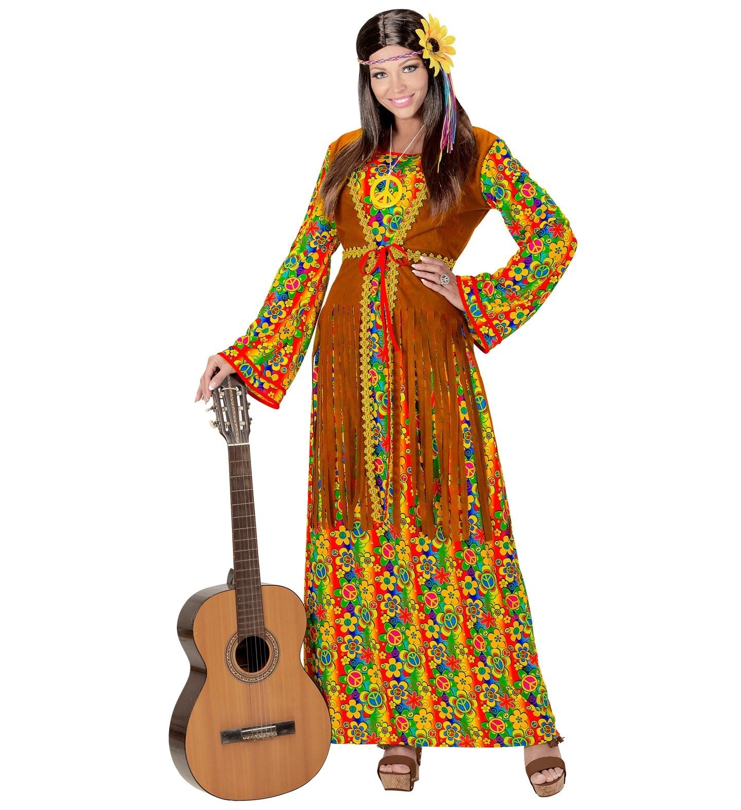 Déguisement femme hippie fluide (robe avec veston, collier peace & love)