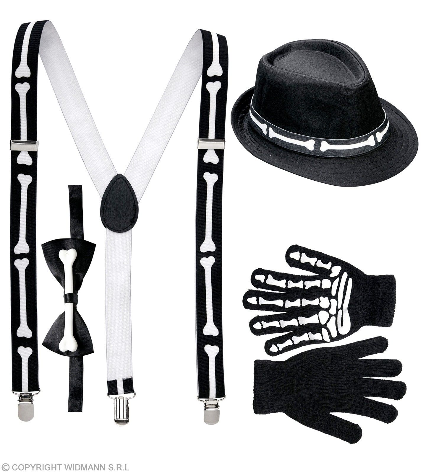 Kit Squelette (bretelles os, noeud papillon, gants et chapeau)