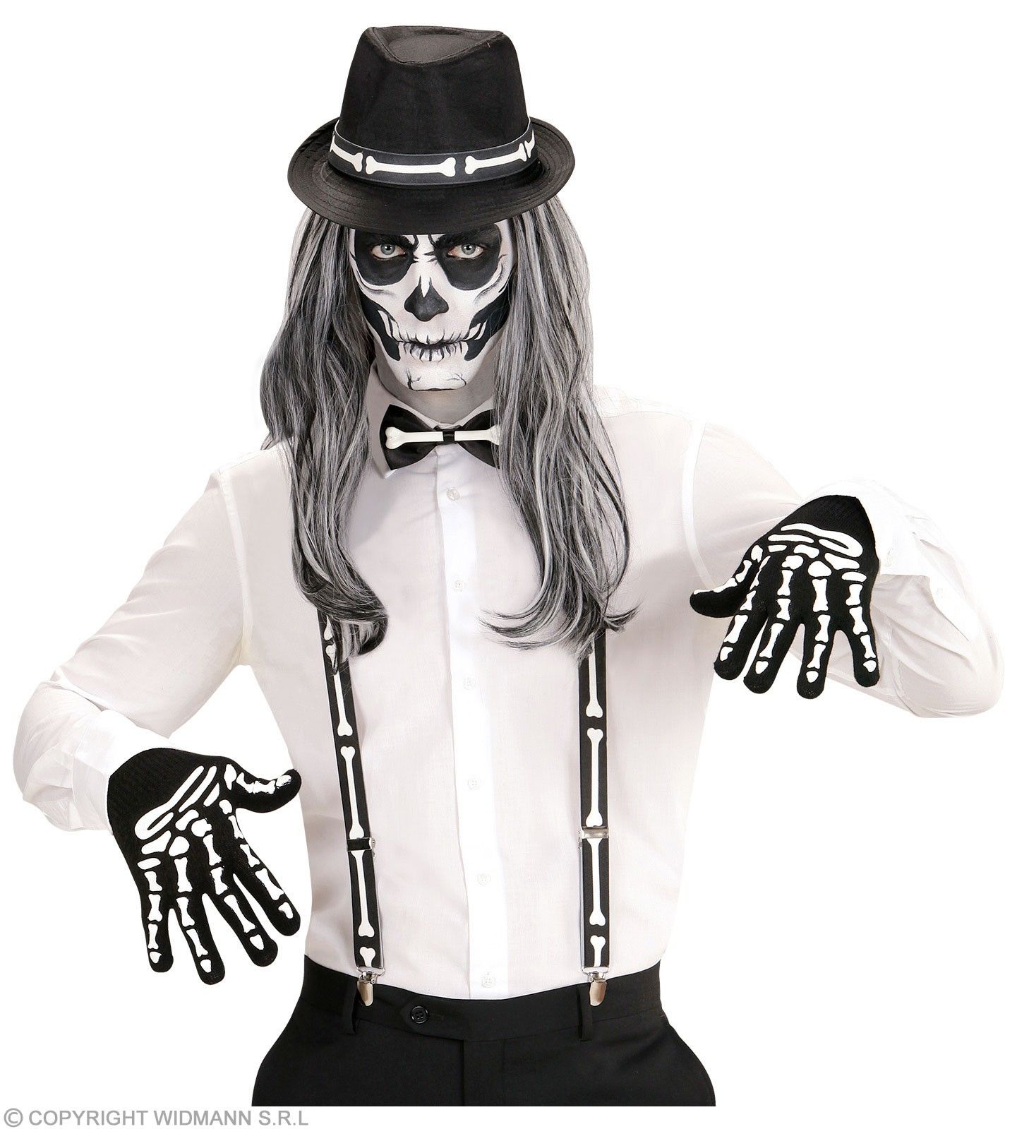Kit Squelette (bretelles os, noeud papillon, gants et chapeau)