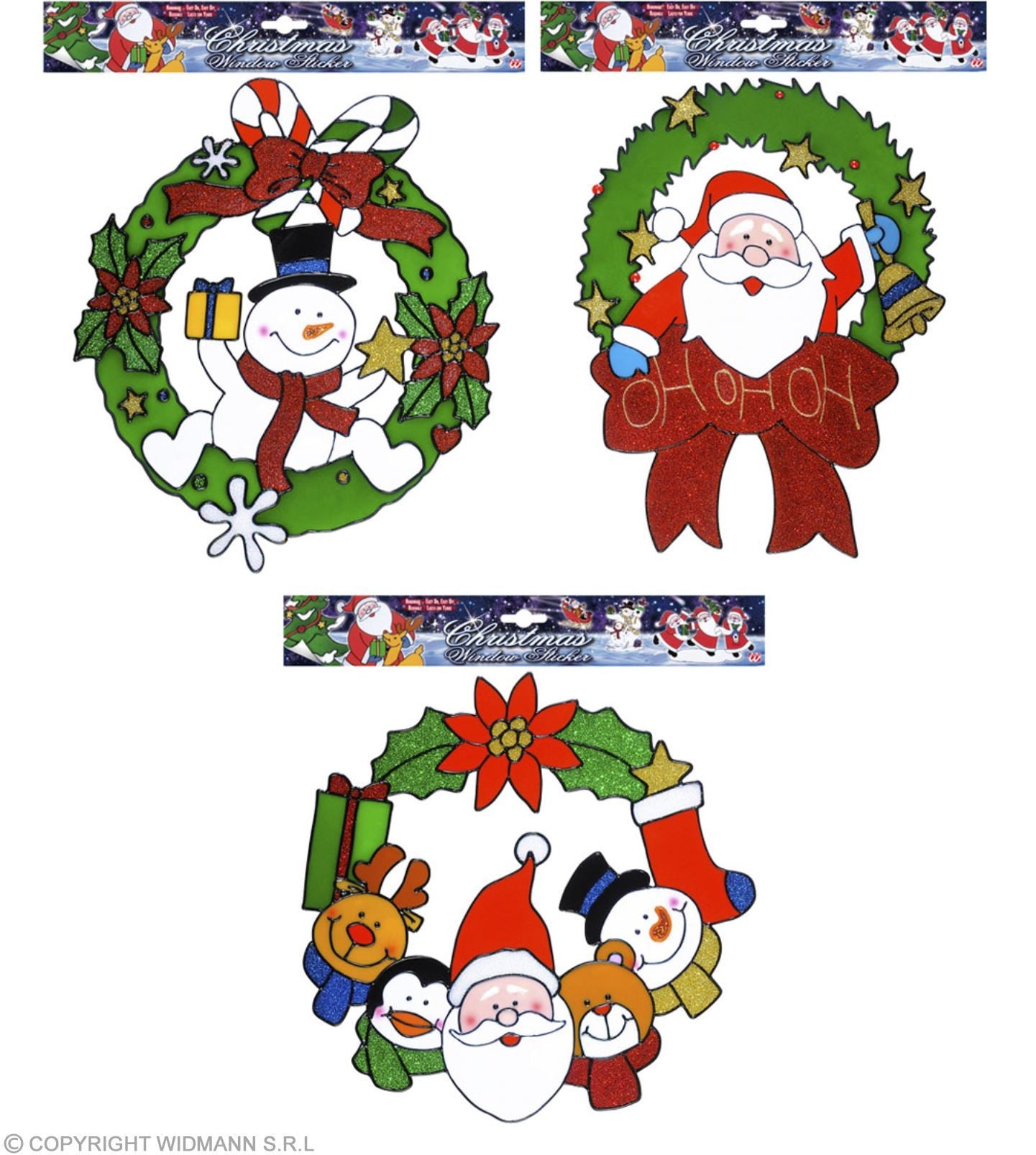 Autocollant Décoration de fenêtre - Couronne de Noël 3 ass. - 30 cm