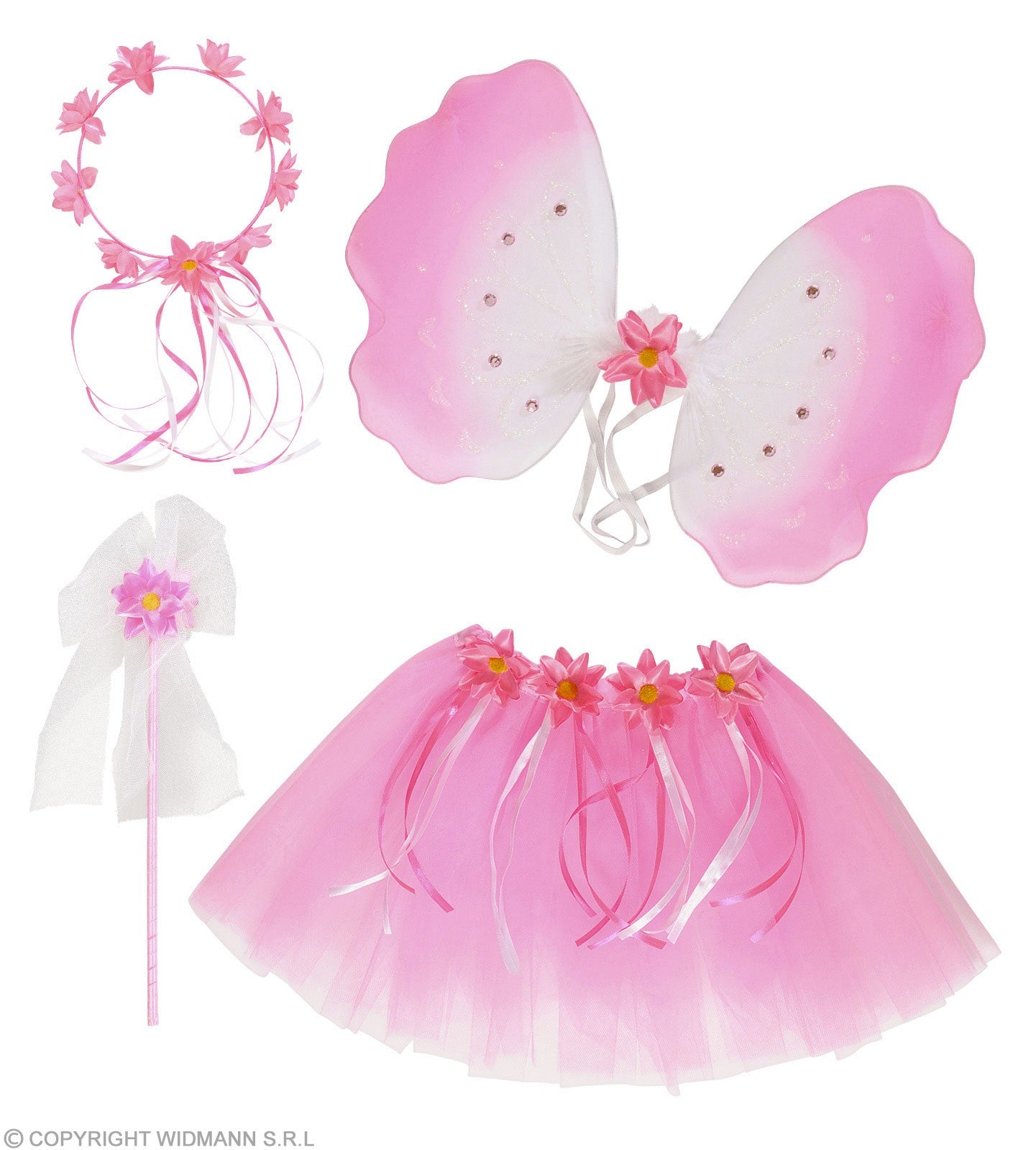 Set de 4 pièces de Fée des fleurs, fille (le tutu, les ailes, la coiffe et la baguette magique)