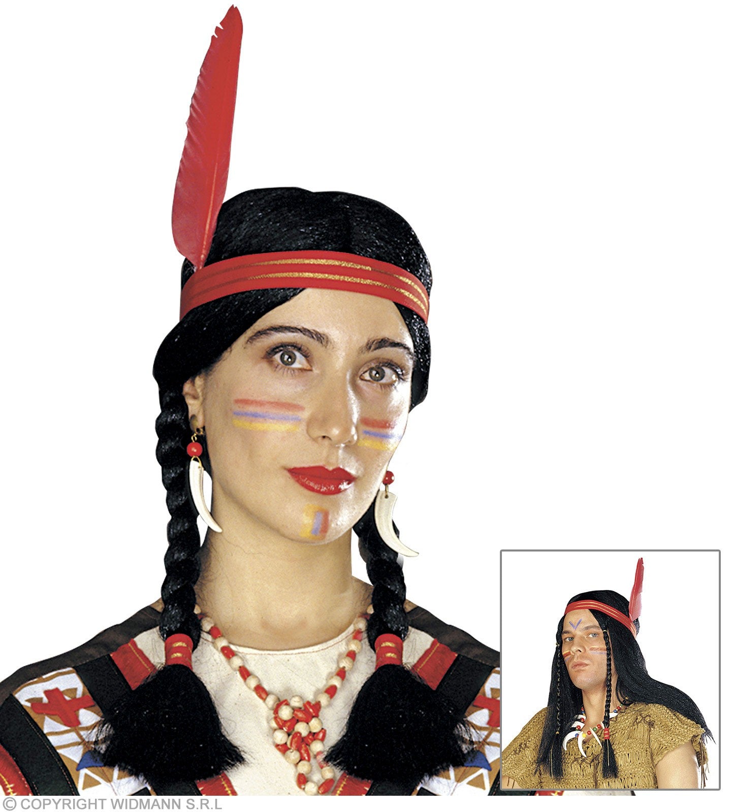 Perruque noire d'indien avec deux tresses et un bandeau à plume rouge (mixte)