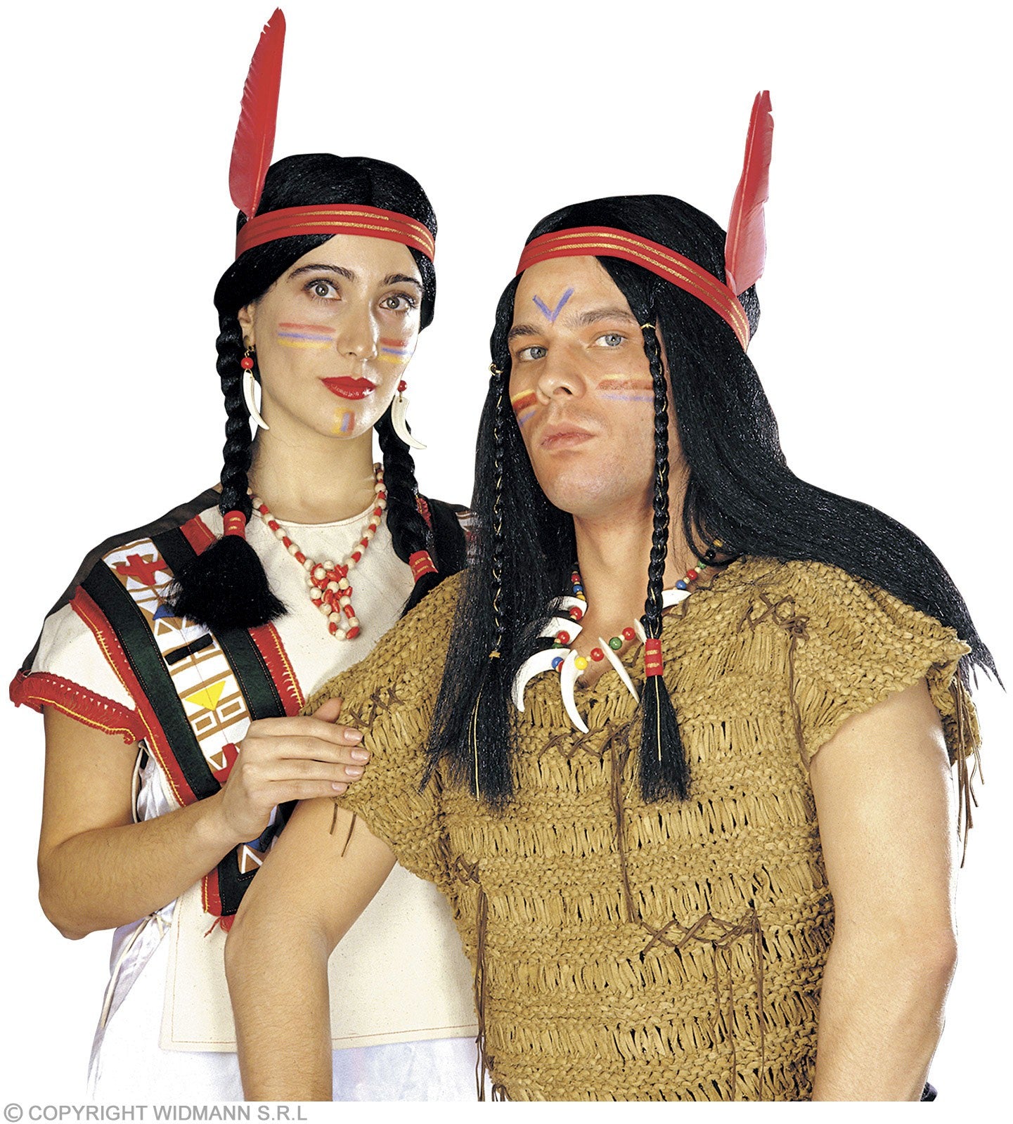 Perruque noire d'indien avec deux tresses et un bandeau à plume rouge (mixte)
