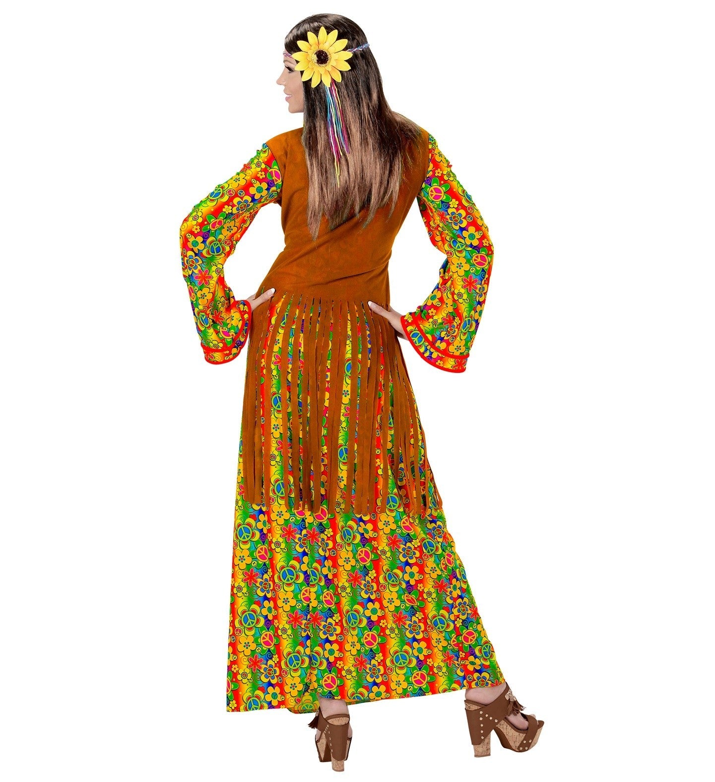 Déguisement femme hippie fluide (robe avec veston, collier peace & love)
