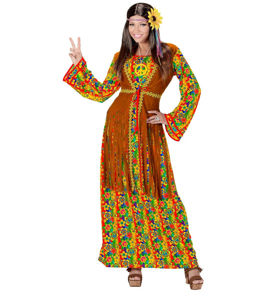 Déguisement femme hippie fluide (robe avec veston, collier peace & love)
