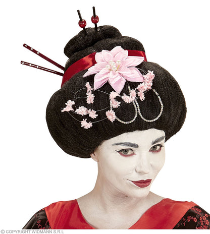 Perruque Geisha avec baguettes et fleurs