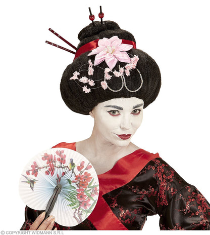 Perruque Geisha avec baguettes et fleurs