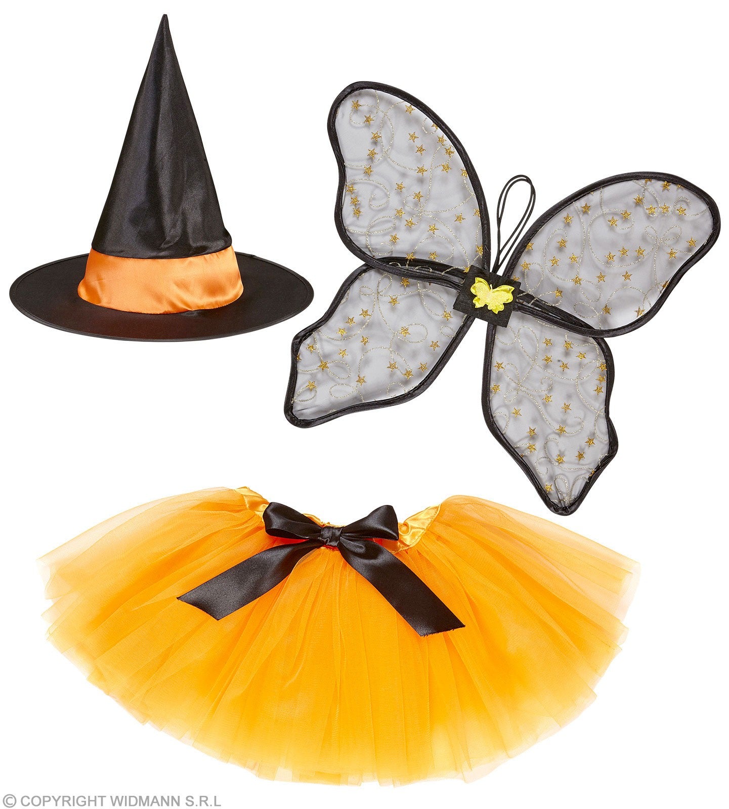 Set Fée Sorcière orange et noir, fille (tutu, ailes, chapeau)