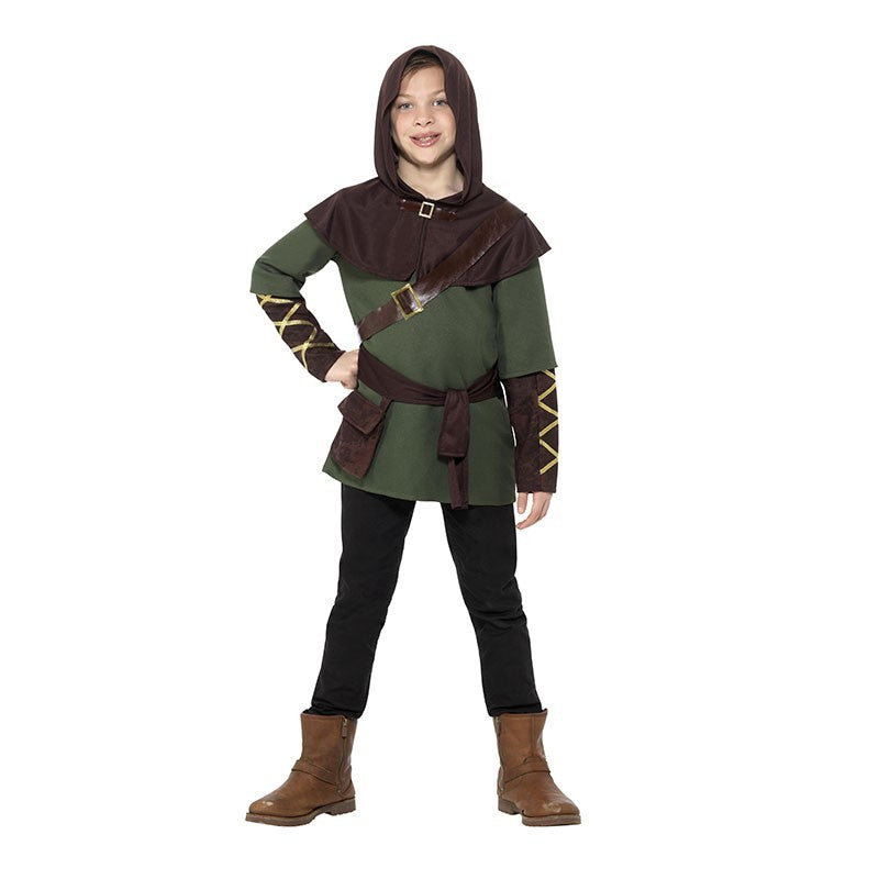 Déguisement de Robin des Bois pour garçon, Vert et marron, avec tabard, écharpe, ceinture et pèlerine à capuche