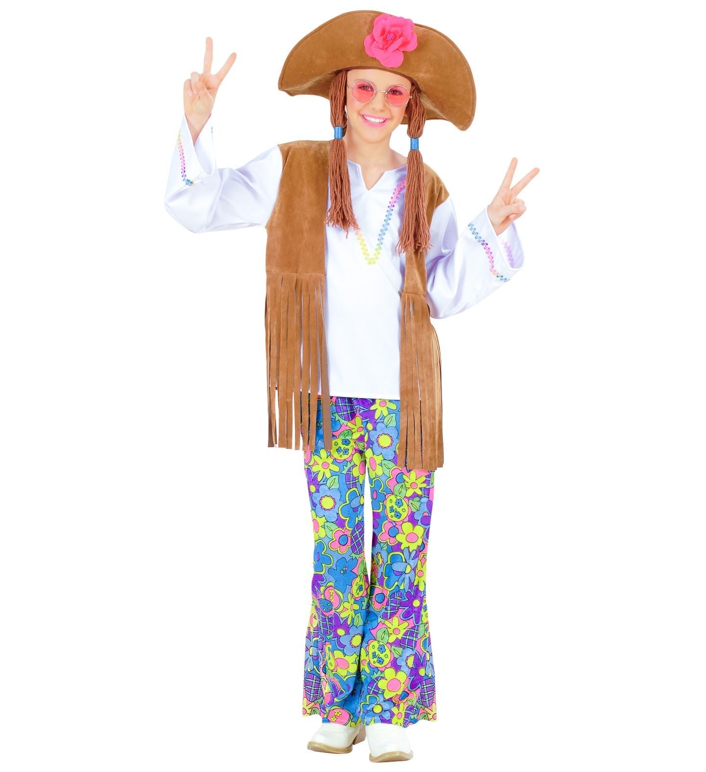 Déguisement Hippie fille Woodstock (chemise avec veste, pantalon, chapeau avec cheveux)