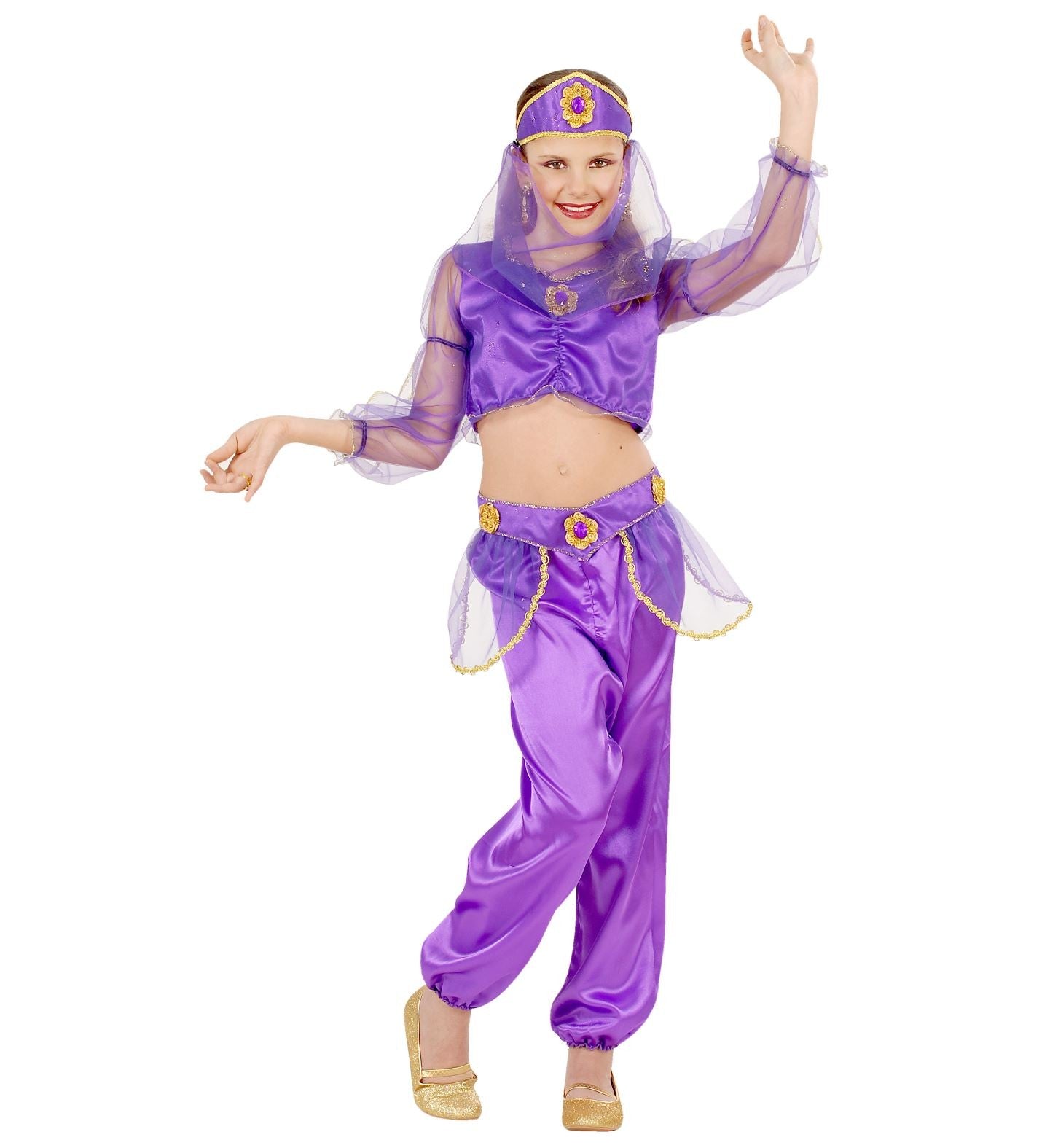 Déguisement danseuse orientale fille, violet (chemise, pantalon, ceinture, coiffe avec voile)