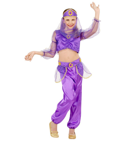 Déguisement danseuse orientale fille, violet (chemise, pantalon, ceinture, coiffe avec voile)