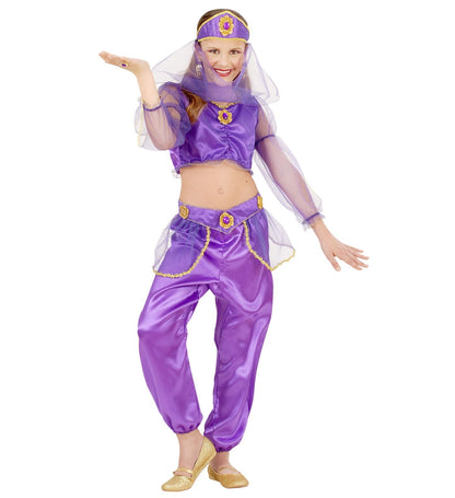 Déguisement danseuse orientale fille, violet (chemise, pantalon, ceinture, coiffe avec voile)