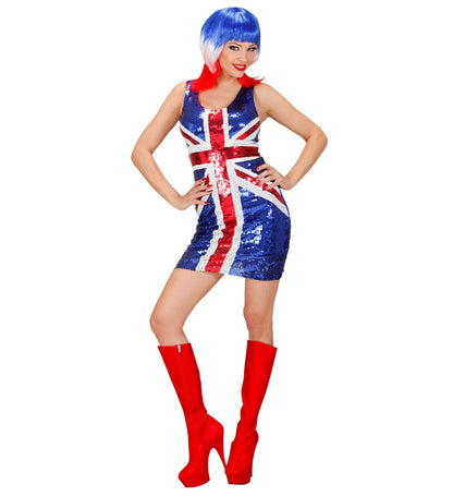 Déguisement femme, drapeau anglais (robe à paillettes bleu, blanc, rouge)