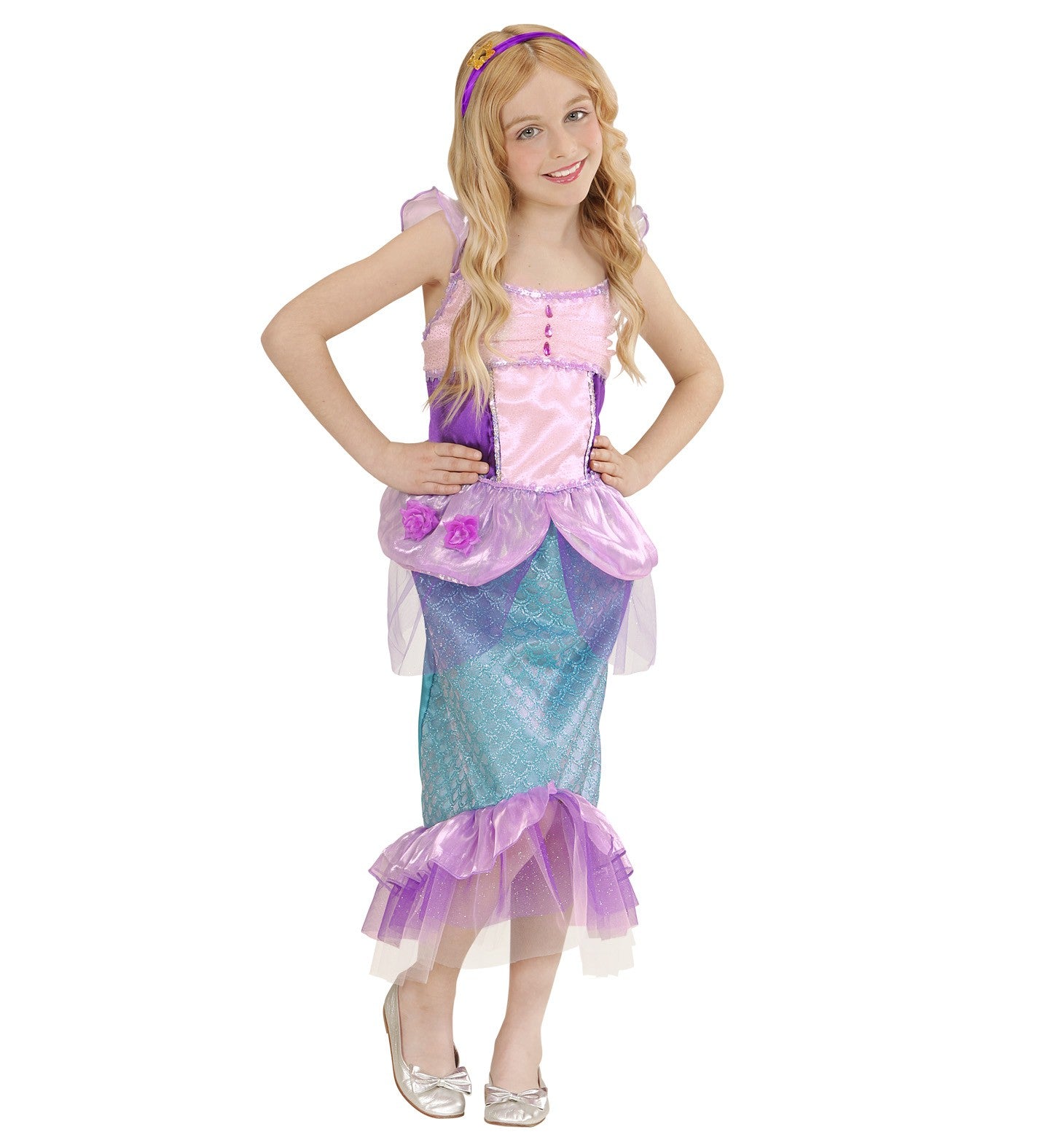 Déguisement Sirène enfant bleu et rose (robe, bandeau avec étoile de mer)