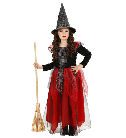 Déguisement de sorcière fille pour Halloween : robe et chapeau noir & bordeaux