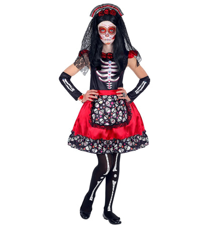 Déguisement Dia De Los Muertos fille rouge et noir (robe rouge et noire, chauffe-bras, serre-tête avec voile)