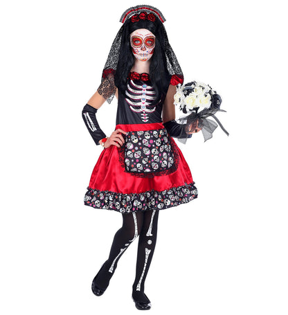 Déguisement Dia De Los Muertos fille rouge et noir (robe rouge et noire, chauffe-bras, serre-tête avec voile)