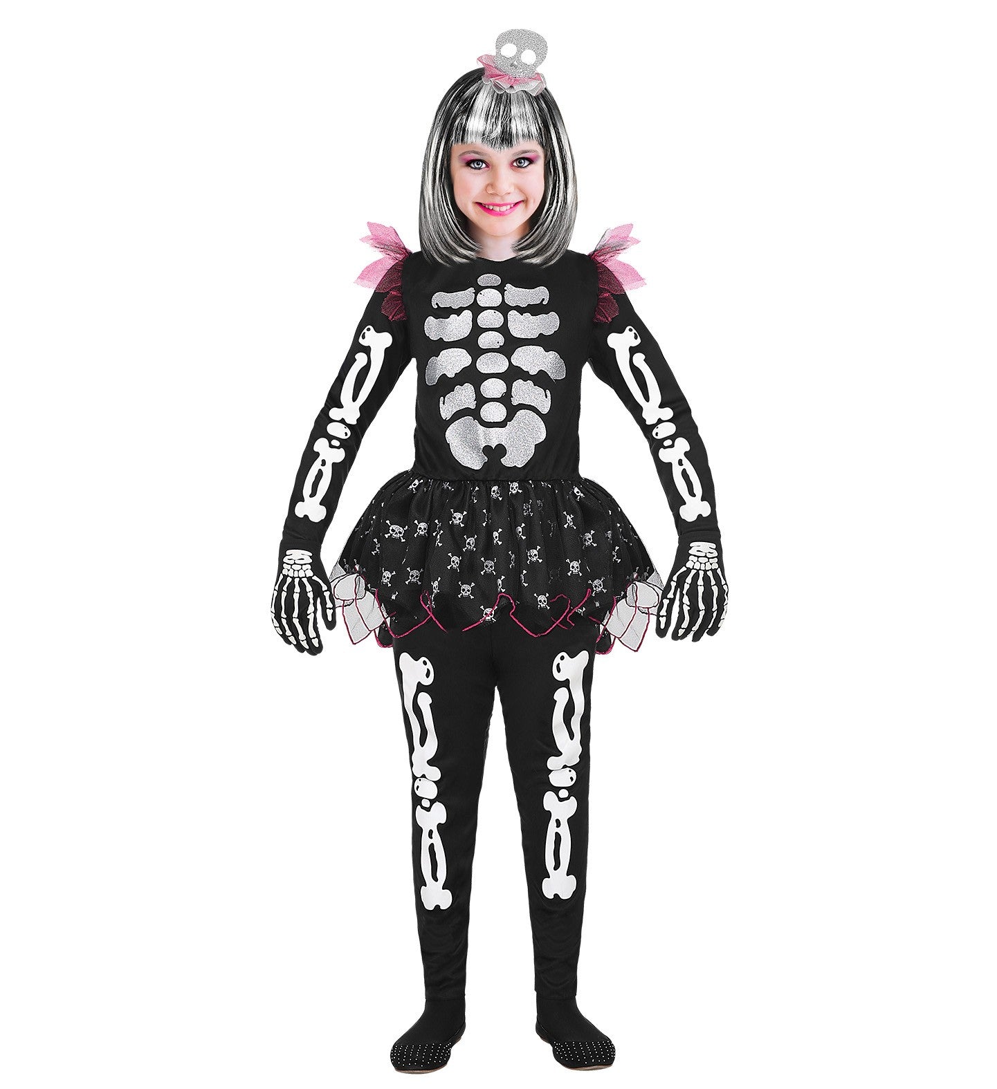 Déguisement Halloween fille, squelette noir et blanc (maillot avec tutu, pantalon, coiffe)