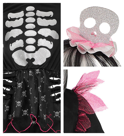 Déguisement Halloween fille, squelette noir et blanc (maillot avec tutu, pantalon, coiffe)