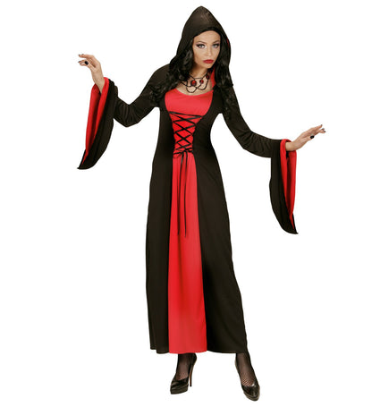 Déguisement Gothique femme rouge et noir (robe à capuche)