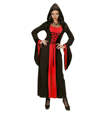 Déguisement Gothique femme rouge et noir (robe à capuche)