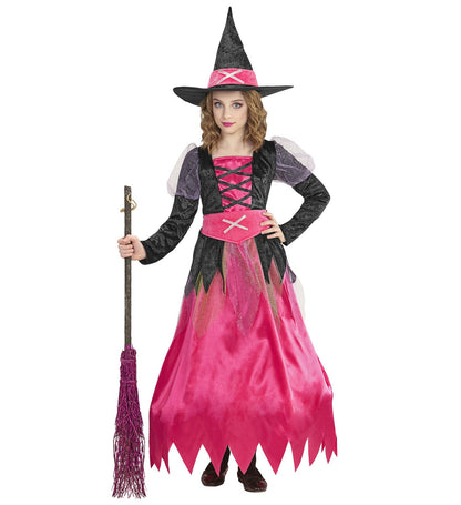 Déguisement de Sorcière fille du moyen âge (robe noire et rose, chapeau, ceinture)