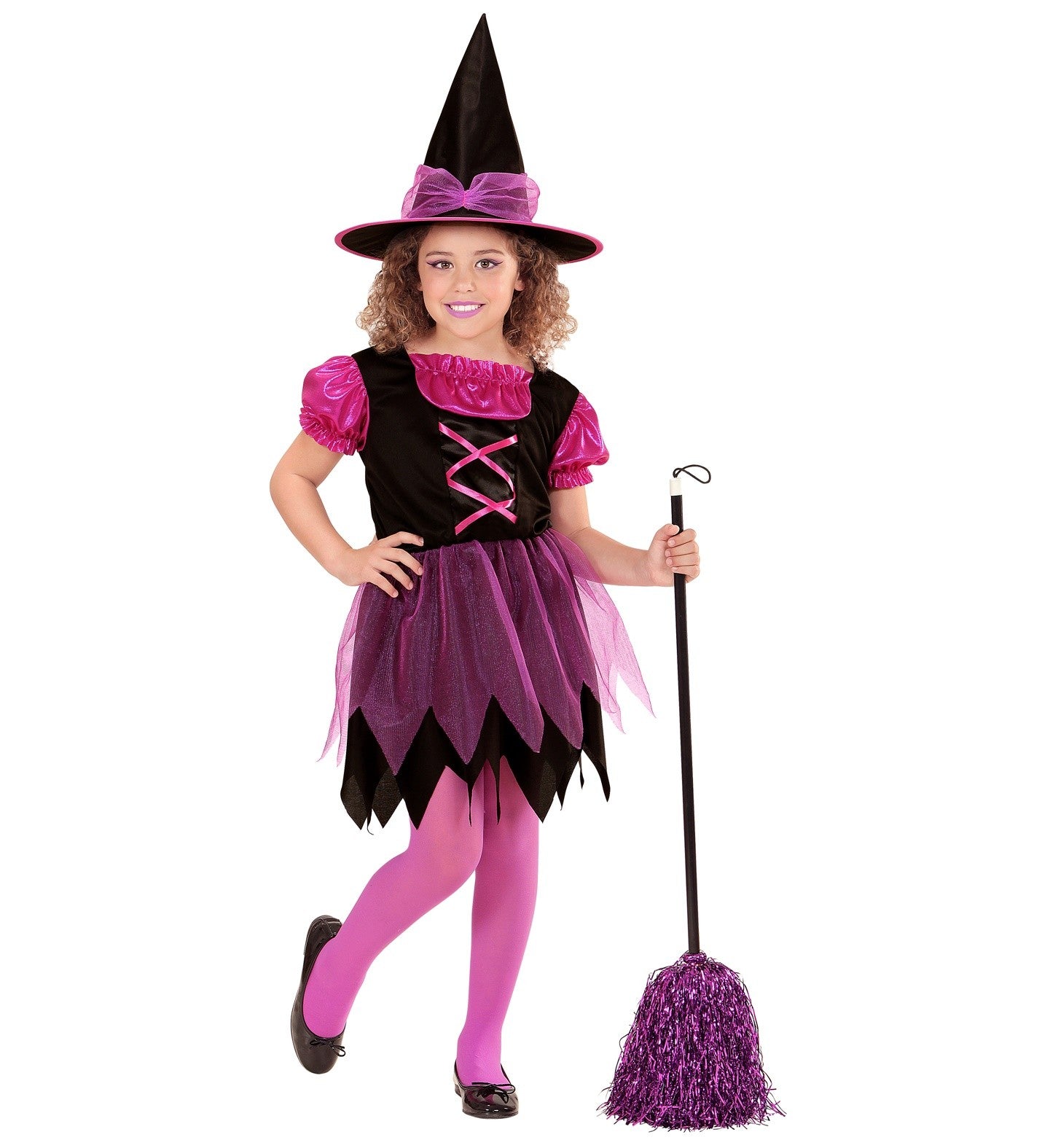 Déguisement Sorcière enfant noir et fushia (robe, chapeau)