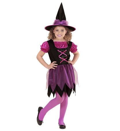 Déguisement Sorcière enfant noir et fushia (robe, chapeau)