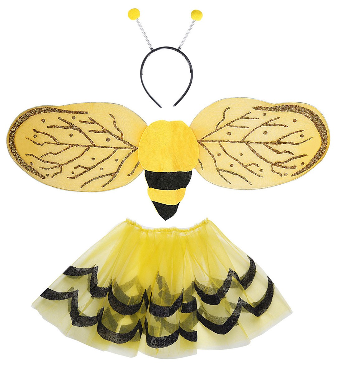 Set d'Abeille, jaune et noir, fille ( tutu, ailes, et serre-tête)