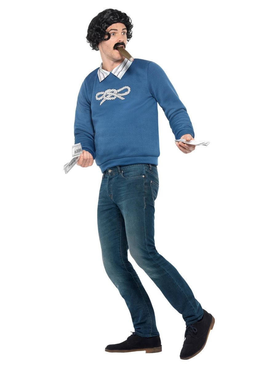 Déguisement du gangster Pablo (pull avec chemise attachée, perruque, moustache et billets)