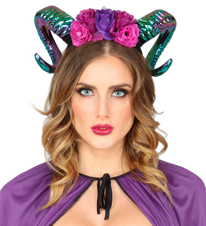 Serre-tête Halloween femme avec cornes & fleurs