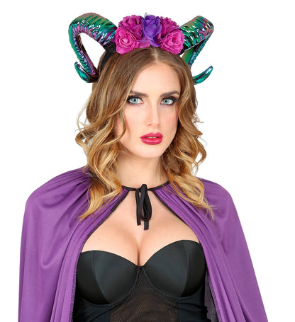 Serre-tête Halloween femme avec cornes & fleurs