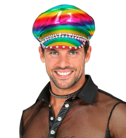 Casquette de Motard arc-en-ciel avec des clous et strass