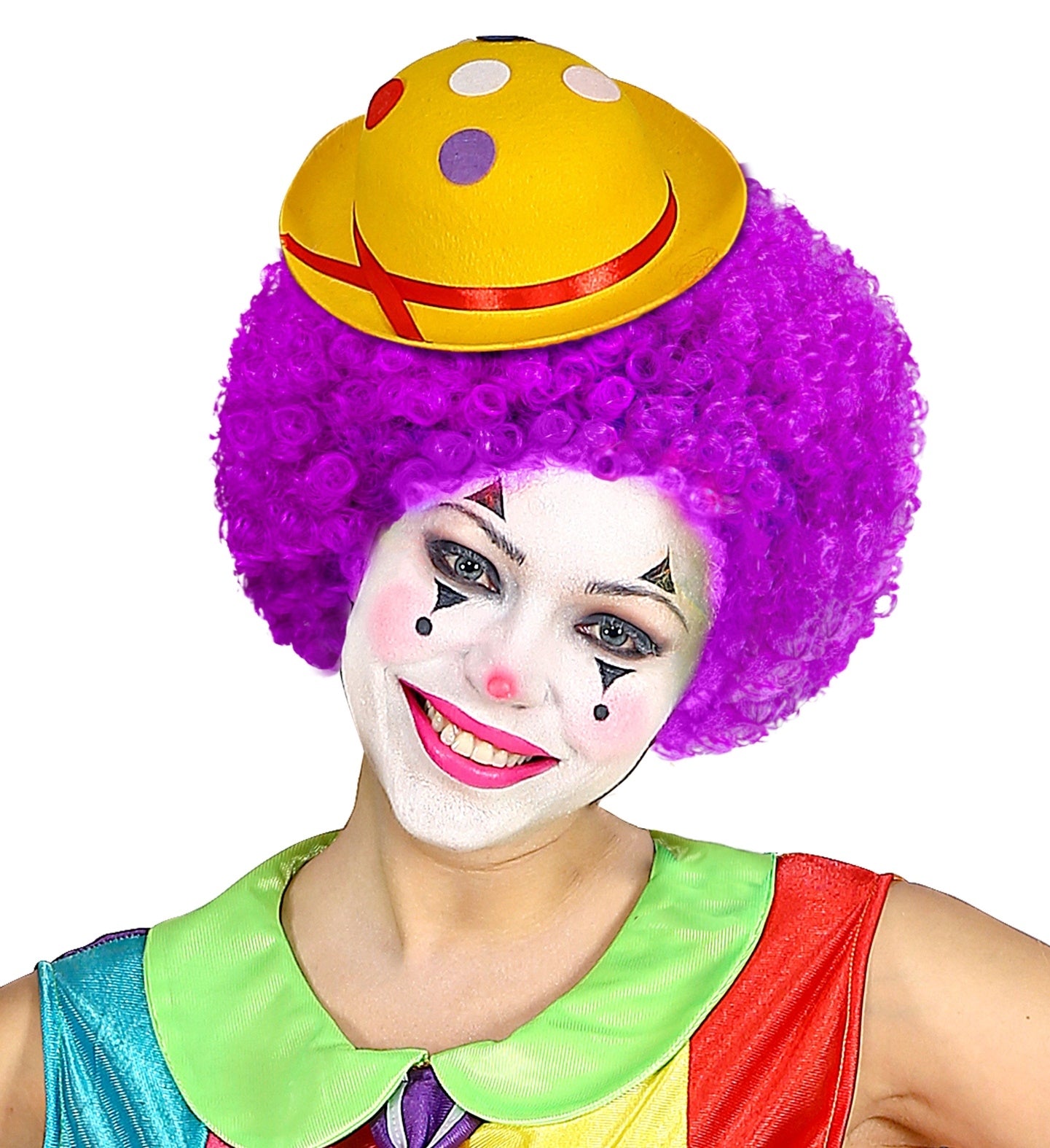 Perruque Clown, couleur au choix (jaune, rouge, vert, rose, violet et bleu)