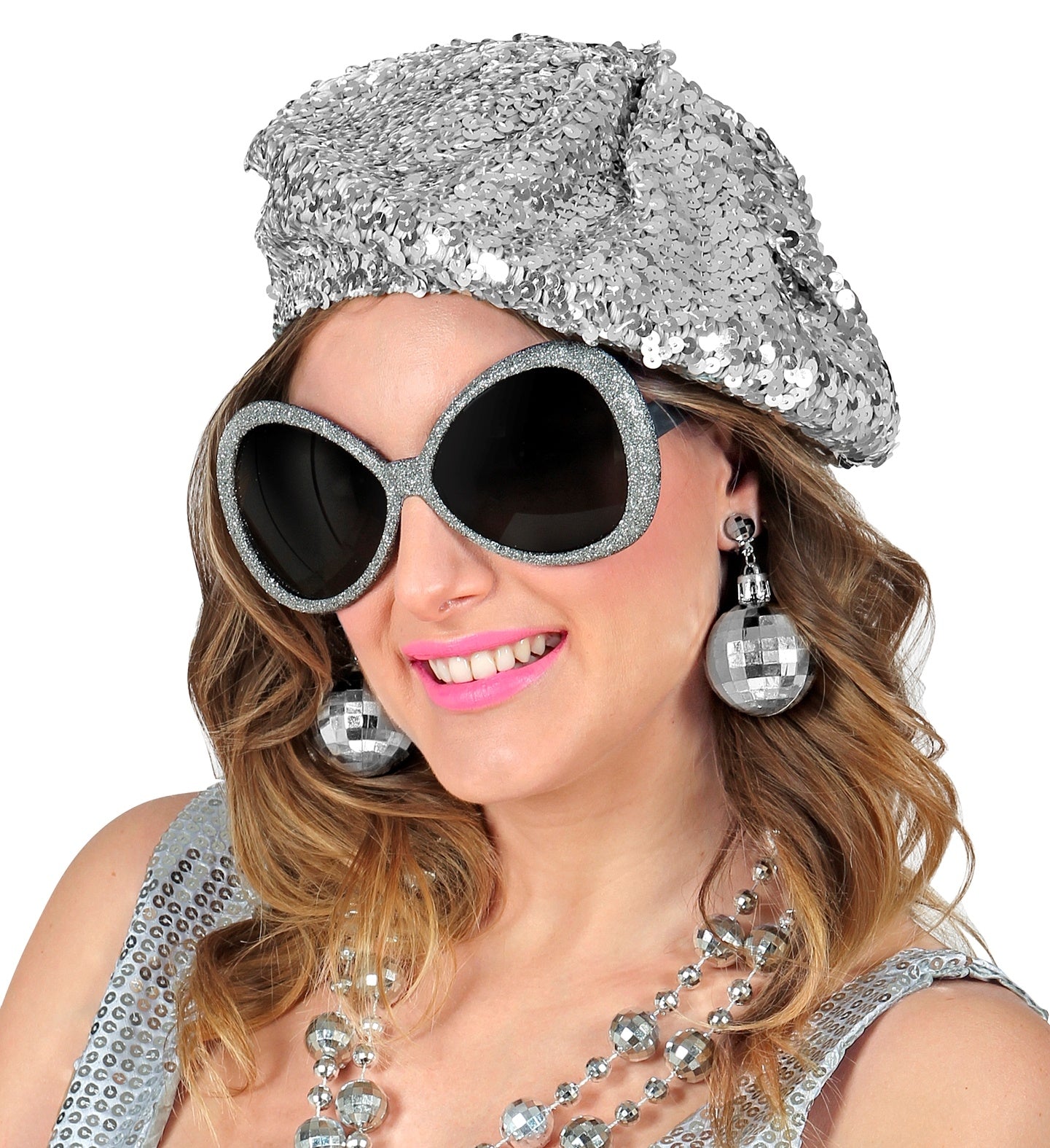 Accessoires Disco femme argent (béret, lunettes, boucles d'oreilles  boules à facettes)