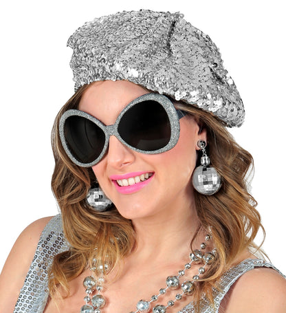 Accessoires Disco femme argent (béret, lunettes, boucles d'oreilles  boules à facettes)