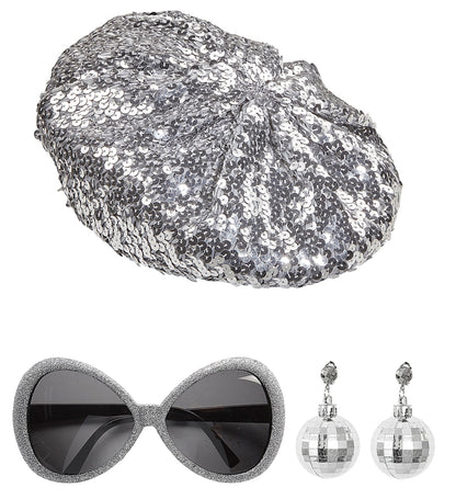 Accessoires Disco femme argent (béret, lunettes, boucles d'oreilles  boules à facettes)